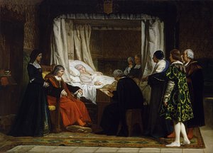 La Reine Isabelle la Catholique dicte son testament - Drottning Isabella I av Kastilien dikterar sin sista vilja och testamente - Målning av Eduardo Rosales Gallina (1836-1873) - 1864 - Olja på duk - 290x400 - Museo del Prado, Madrid