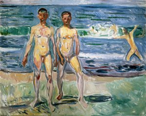 Badande Målning av Edvard Munch (1863-1944) 1940-1942 Sön. 149,5x120 cm Wien, Kunsthistorisches Museum, Nue Gallery in der Stallburg av Edvard Munch