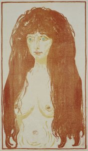 Naken kvinna med rött hår och gröna ögon Stående naken med rött hår, ca. 1901 av Edvard Munch