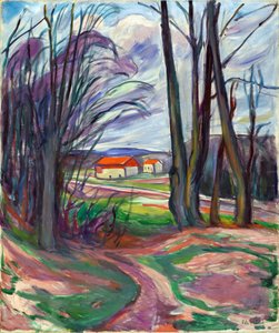 Landskap vid Skoyen (Oslo, Norge). Målning av Edvard Munch (1863-1944), olja på duk, ca 1920. Norsk konst, 1900-talet, expressionism. Privat samling. av Edvard Munch