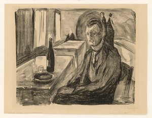 Självporträtt med vinflaska av Edvard Munch