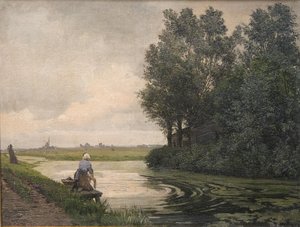 Holländskt landskap. En tjej tvättar sig vid en kanal