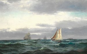 Marin med flera fartyg, gråa regniga moln och lite blå himmel av Edvard Skari