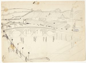 Utsikt från ett fönster vid Lungarno över floden mot Santo Spirito och San Miniato-kullarna, Florens av Edvard Weie