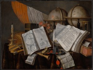 Ett Vanitas stilleben med en flagga, ljusstake, musikinstrument, böcker, skrivtillbehör, jordglober och timglas av Edwaert Collier