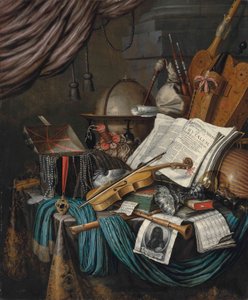 En jordglob, en kista med juveler och medaljonger, böcker, en rullbana, en säckpipa, en luta, en fiol, en uppåtvänd silvertazza och roemer, ett nautilusskal, en blockflöjt, en shawm, ett tryck med ett självporträtt av artisten och ett partitur på ett drape