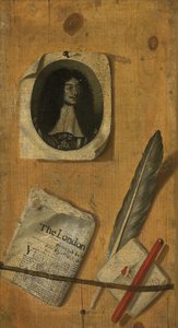Ett trompe-l"oeil brevställ, med gravyr av kung Karl II, en tidning, en fjäderpenna, en penna och en pennkniv av Edwaert Colyer or Collier