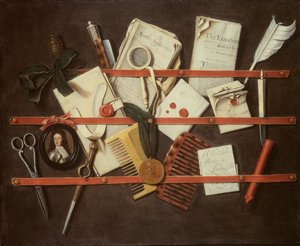 Trompe loeil brevställ med ett miniatyrporträtt av en ung man i rustning, 1697 (panel) av Edwaert Colyer or Collier