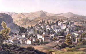 Village of Portaria, skylt 16 från del 3 av "Views in Greece", graverad av J. Bailey