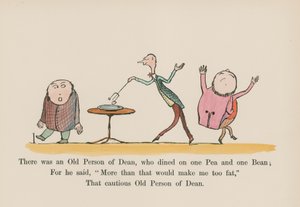 Det fanns en gammal person av Dean, som åt på en ärta och en böna (färgad gravyr) av Edward (after) Lear