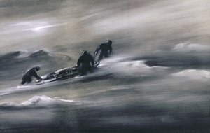 Tre män med en släde i snön, 1910-12