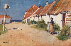 Stugor vid havet med duvsko (akvarell på papper)