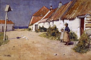 Stugor vid havet med duvsko (akvarell på papper)
