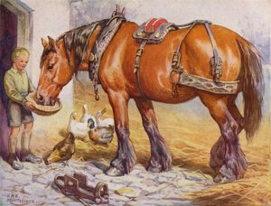Pojke som matar en häst på en gård (färg litho)