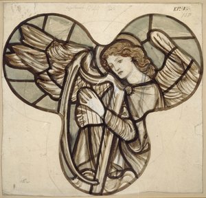 Design för målat glas i Lyndhurst Church: An Angel Harpist, 1862 (brunt och blått tvättar över grafit) av Edward Burne Jones