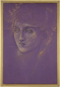 Head of a Woman, 1890-tal (guldfärg på lila botten) av Edward Burne Jones