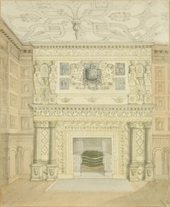 Skorstensstycke, Great Oak Room, Red Lodge (penna och akvarell på papper) av Edward Cashin