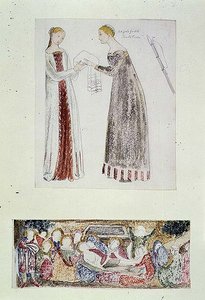 No.1084-f.10 (TtoB) Två pigor, en kopia från The Birth of Mary av Giovanni da Milano från Rinuccini-kapellet, Florens; The Lamentation (akvarell, penna) av Edward Coley Burne Jones