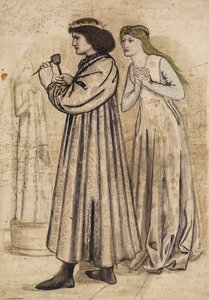 Scen av kung Rene som skulpterar en figur medan han betraktas av sin nya brud (penna & india bläck med tvätt och penna på papper) av Edward Coley Burne Jones