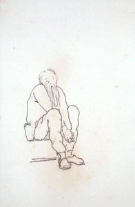Självporträtt av konstnären, sittande, med händerna mellan knäna, från ett album med teckningar (penna på papper) av Edward Coley Burne Jones