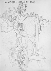 The Wooden Horse of Troy (penna på papper) av Edward Coley Burne Jones