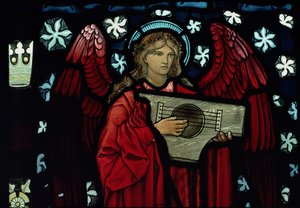 Detalj av ängelmusikern, gjord av William Morris and Co., 1882 målat glas av Edward Burne Jones