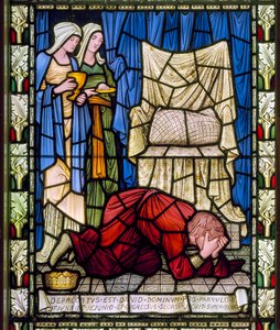 Kung David gråter och ber för sitt sjuka barns liv och accepterar sedan med modighet barnets död, ca 1896 (målat glas) av Edward Burne Jones