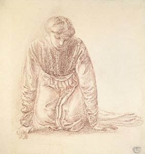 Knästående figur av en kvinna (mörkröd krita på vitt papper)