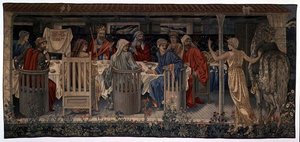 Quest for the Holy Grail Tapestries, Panel 1, Knights of the Round Table kallad to the Quest by the Strange Damsel, 1898-1899 av Edward Burne Jones