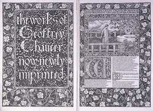 Titelsida och inledande sida från Kelmscott Press-utgåvan av "The Works of Geoffrey Chaucer", 1896 av Edward Burne Jones