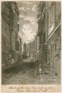 Skiss av Butcher Row, från Temple Bar, 9 juni 1796 av Edward Dayes