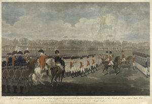 Kungen granskar den väpnade föreningen i Hyde Park den 4 juni 1799, graverad av J. Collyer, 1801 (färgad stipplegravyr)