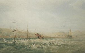 Fiskare som jagar måsar från näten, Mumbles, South Wales av Edward Duncan