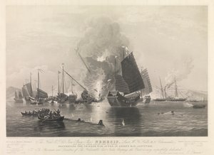 The Hon. E.I. Co. Iron Steam Ship Nemesis, ... med båtarna Sulphur, Calliope, Larne och Starling, förstörde de kinesiska krigsjunkarna i Anson