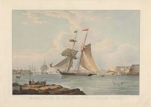 Mary, Joshua Collings, kapten, på väg in i hamnen i La Valletta på ön Malta, 5 dec. 1835 av Edward Duncan