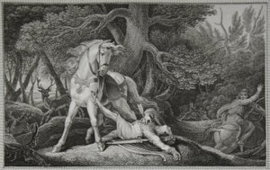 William Rufus död, graverad av Neagle, illustration från David Humes "The History of England", pub. av R. Bowyer, London av Edward Francis (after) Burney