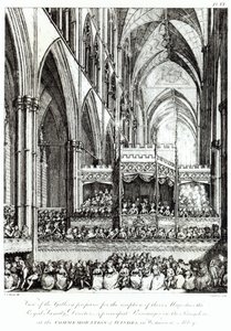 Utsikt över galleriet förberett för mottagandet av deras majestäter den kungliga familjen, direktörer och huvudpersoner i kungariket vid minnet av Handel i Westminster Abbey, graverad av Joh av Edward Francis Burney