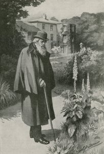 Charles Darwin i sin trädgård vid Down House (litografi)