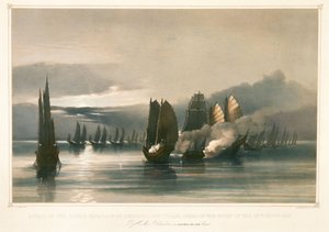 Attack mot pirateskadren Chuiapoo utanför Tysami, Kina, 28 september 1849, mitten av 1800-talet (litografi) av Edward Hodges Cree