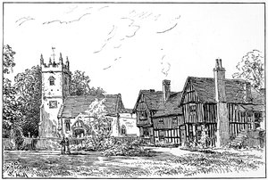 Clifford kyrka och gamla hus, Stratford-upon-Avon, Warwickshire, 1885. av Edward Hull
