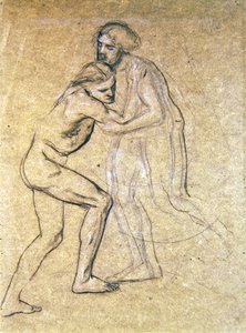 Studie av två nakna män som omfamnar för The Prodigals Return, 1869 (krita på papper) av Edward John Poynter