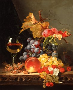 Vindruvor, plommon, vita vinbär, jordgubbar med vin på en träavsats (olja på duk)