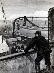 Den arktiska expeditionen - "Alert" nära Holsteinborg på Grönland: Sternpost Cutter of Iceboat on Skids, publicerad i "The Graphic", graverad av J. Nash, 1875 av Edward Lawton Moss