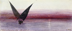 En egyptisk båt på Nilen i Manfaloot (Egypten). Akvarellteckning i färg av Edward Lear