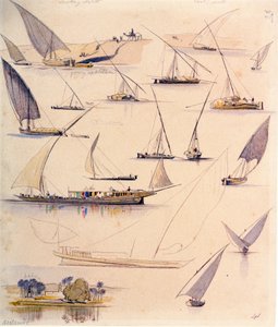 Studier av olika egyptiska båtar. Akvarellteckning i färg av Edward Lear