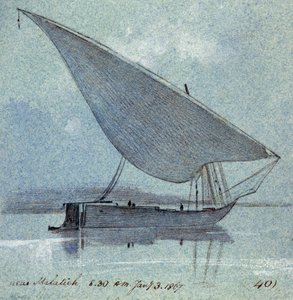 Studie av en gyasi (egyptisk båt) nära Malatieh (eller Malatia, Egypten). Akvarellteckning i färg av Edward Lear