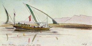 Studie av gyassi (egyptisk båt), på Nilen nära Ballas (Egypten). Akvarellteckning i färg av Edward Lear
