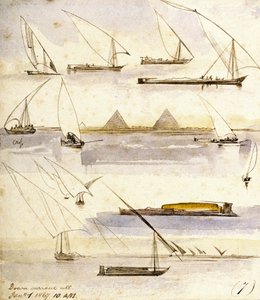Studie av olika egyptiska båtar (Dahabeeyahs och Gyassis), med en scen framför pyramiderna i Giza (Kairo) i mitten av sidan av Edward Lear
