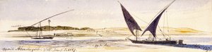 Nilens utbredning och dess stränder med två traditionella egyptiska båtar, bland annat en Dahabeeya. Akvarellteckning i färg av Edward Lear