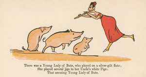 Det fanns en Young Lady of Bute, som spelade på en flöjt av silverguld, från "A Book of Nonsense", utgiven av Frederick Warne and Co. i London, omkring 1875. av Edward Lear